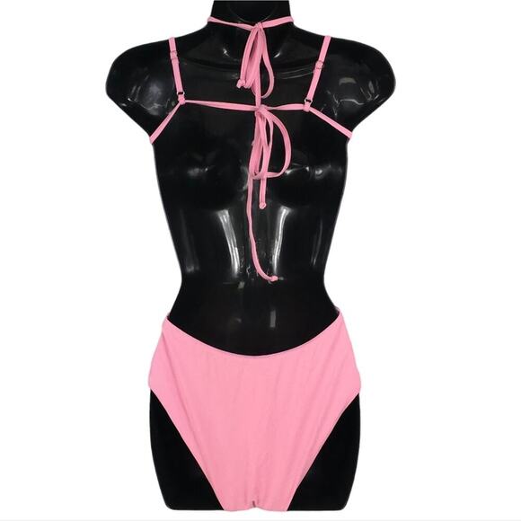 WeWoreWhat Cut Out One Piece Swimsuit Baby Pink Halter Runched Cup Tie - Picture 8 of 16